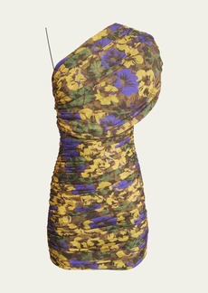 Saint Laurent One-Shoulder Ruched Floral-Print Mini Dress
