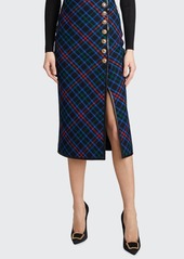 Saint Laurent Plaid Wool Leather-Trim Midi Skirt