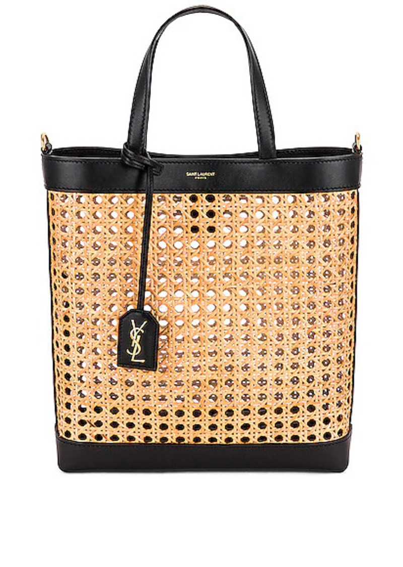 Beige YSL-plaque faux-raffia crochet tote bag