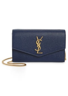 Saint Laurent Uptown Pebbled Calfskin Leather Wallet on a Chain in Blue Charron at Nordstrom