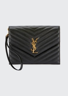 Saint Laurent YSL Monogram Flap Clutch Bag in Grained Leather