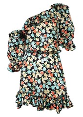 Saint Laurent Floral Ruffle One-Shoulder Silk Dress