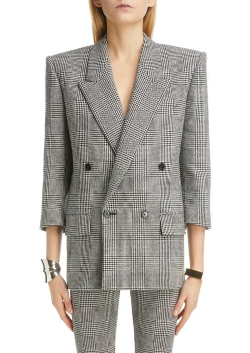 Yves Saint Laurent Prince of Wales Tweed Double Breasted Wool Blend Jacket