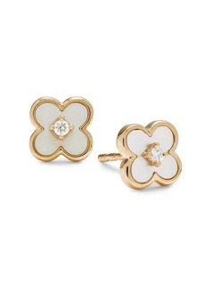 Saks Fifth Avenue 14K Yellow Gold, Mother of Pearl & Diamond Clover Stud Earrings