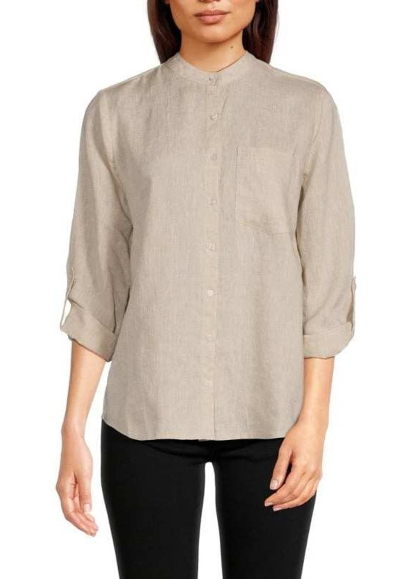 Saks Fifth Avenue Band Collar 100% Linen Shirt