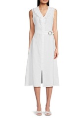 Saks Fifth Avenue Belted Ruffle Trim 100% Linen Midi Dress