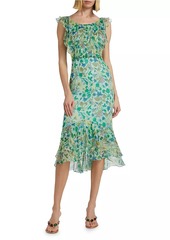 Saloni Aisha Ruffled Floral Silk Midi-Dress