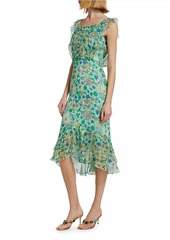 Saloni Aisha Ruffled Floral Silk Midi-Dress