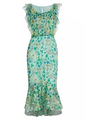 Saloni Aisha Ruffled Floral Silk Midi-Dress