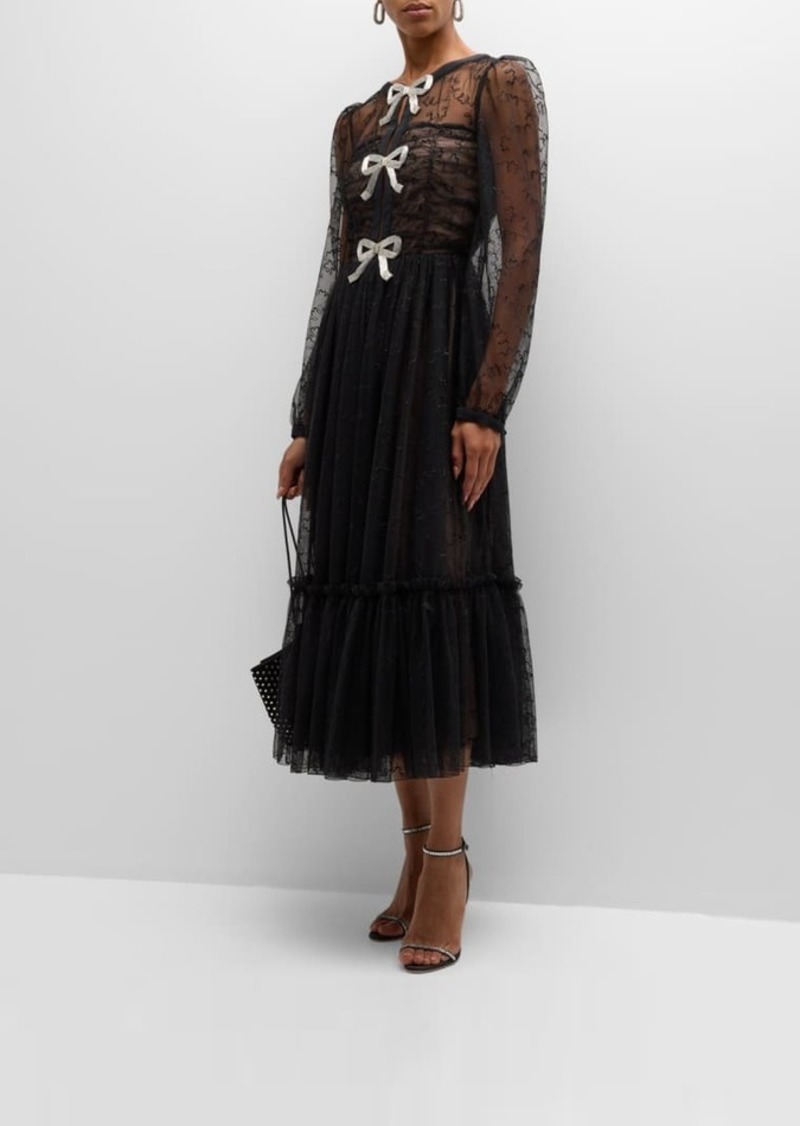 Saloni Camille Bow-Embellished Tulle Midi Dress