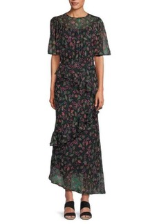 Saloni Cedar Leaf Print Silk Maxi Dress