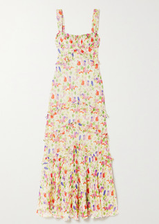 Saloni Chandra Ruffled Floral-print Plisse Silk-georgette Maxi Dress