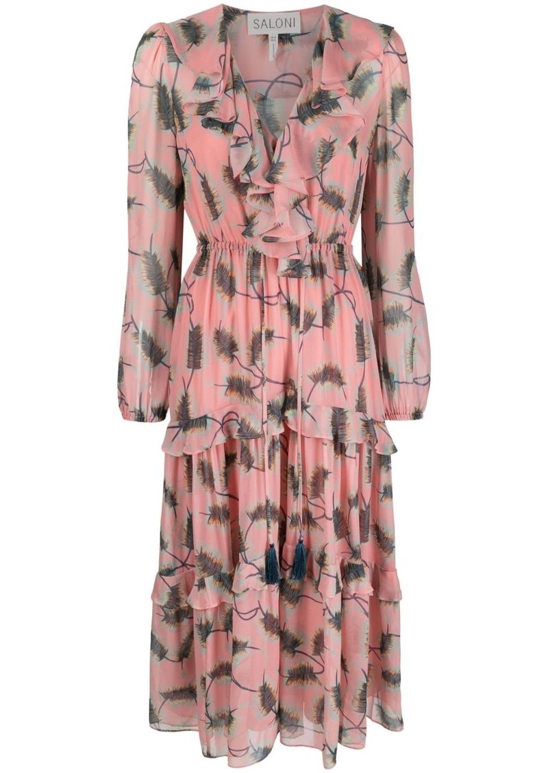 Saloni feather-print pleated dress