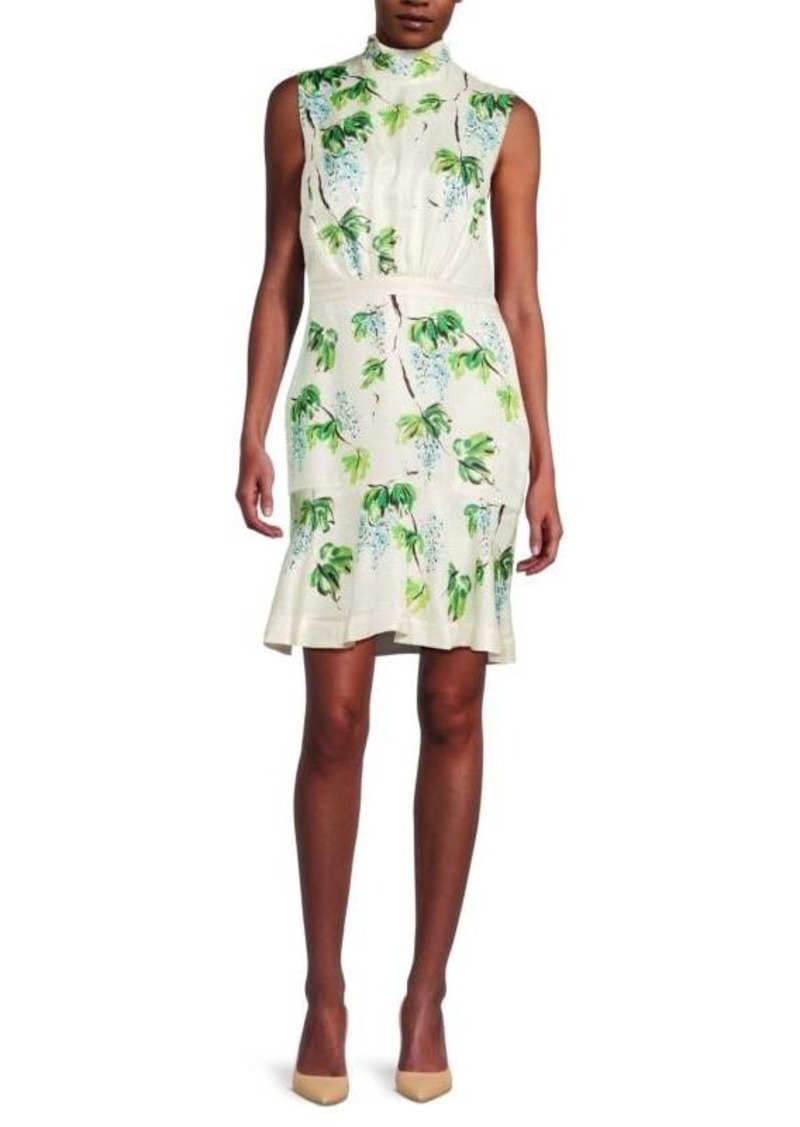 Saloni Fleur Painterly Leaf Print Silk Mini Dress