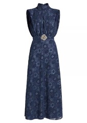 Saloni Fleur Velvet Lace Belted Maxi Dress