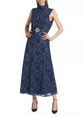 Saloni Fleur Velvet Lace Belted Maxi Dress