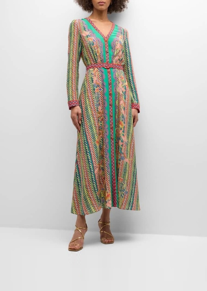 Saloni Lea Button-Front Printed Midi Silk Shirtdress