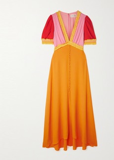 Saloni Lea Ruffled Smocked Color-block Crepe Maxi Dress