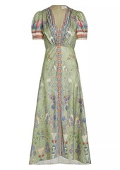 Saloni Lea Silk Puff-Sleeve Midi-Dress