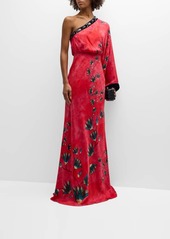 Saloni Lily One-Shoulder Floral Silk Kimono Gown