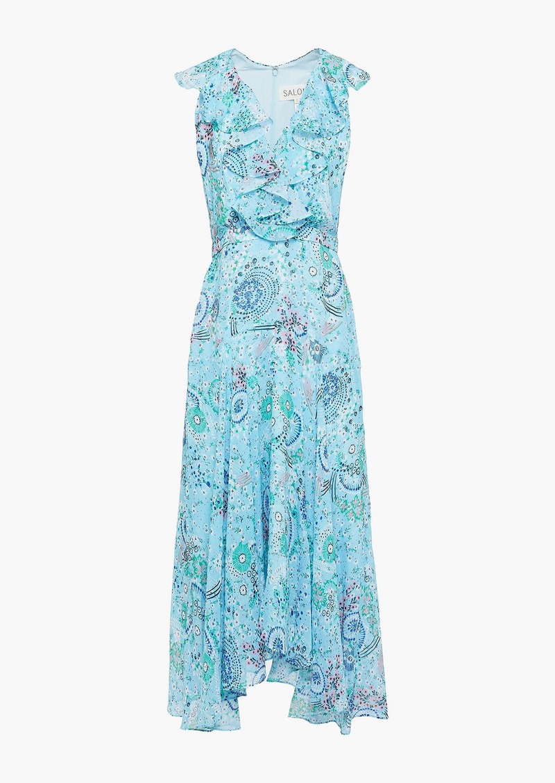 Saloni - Asymmetric ruffled printed silk-georgette midi dress - Blue - UK 12