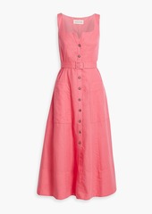 Saloni - Bibba belted cotton and linen-blend midi dress - Pink - UK 8