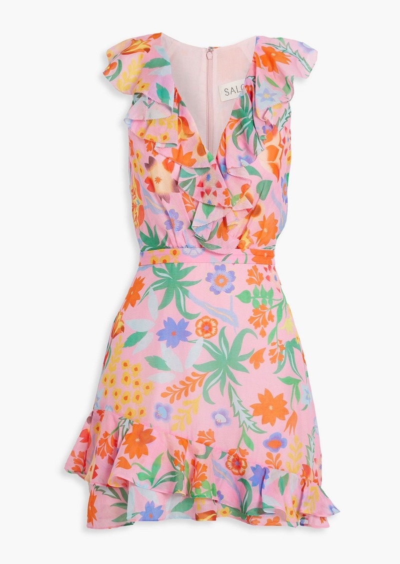 Saloni - Cece ruffled floral-print cotton and silk-blend voile mini dress - Pink - UK 16