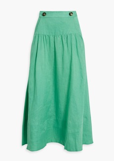 Saloni - Della gathered linen midi skirt - Green - UK 16