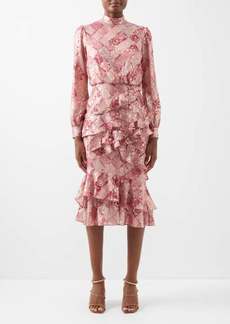 Saloni - Isa Star-fil Coupé Ruffled Silk Midi Dress - Womens - Pink Multi