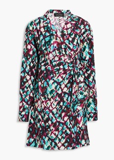 Saloni - Mari pleated silk satin-jacquard mini wrap dress - Blue - UK 6