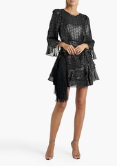 Saloni - Marissa ruffled metallic fil coupé silk-blend chiffon mini dress - Black - UK 10