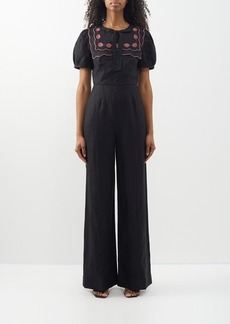 Saloni - Marlow Shell-embroidered Linen Jumpsuit - Womens - Black