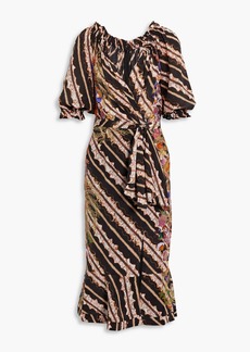 Saloni - Olivia wrap-effect printed silk crepe de chine midi dress - Black - UK 8