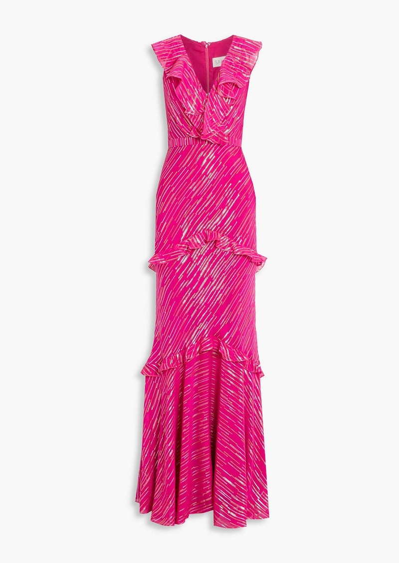 Saloni - Rita ruffled metallic silk-blend jacquard maxi dress - Purple - UK 6