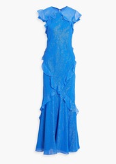 Saloni - Tamara ruffled metallic striped silk-blend chiffon maxi dress - Blue - UK 8