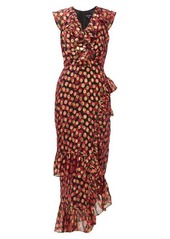 Saloni Anita flower and metallic-jacquard ruffled dress