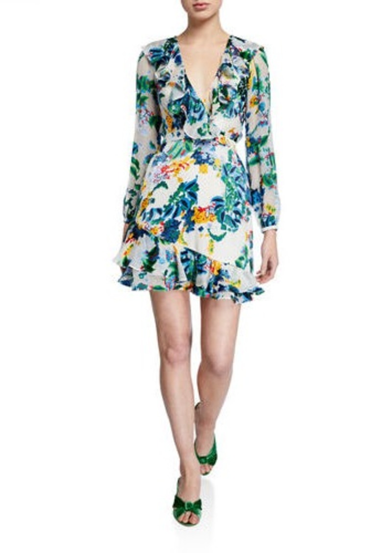 Saloni Jodie 3/4-Sleeve Floral-Print Silk Dress