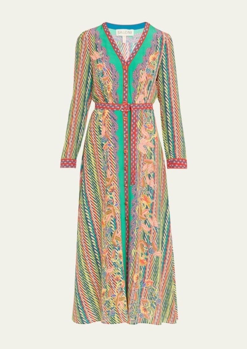 Saloni Lea Button-Front Printed Midi Silk Shirtdress