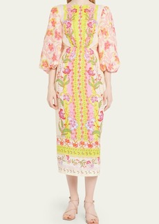 Saloni Neelam Puff-Sleeve Cutout Floral Linen Midi Dress