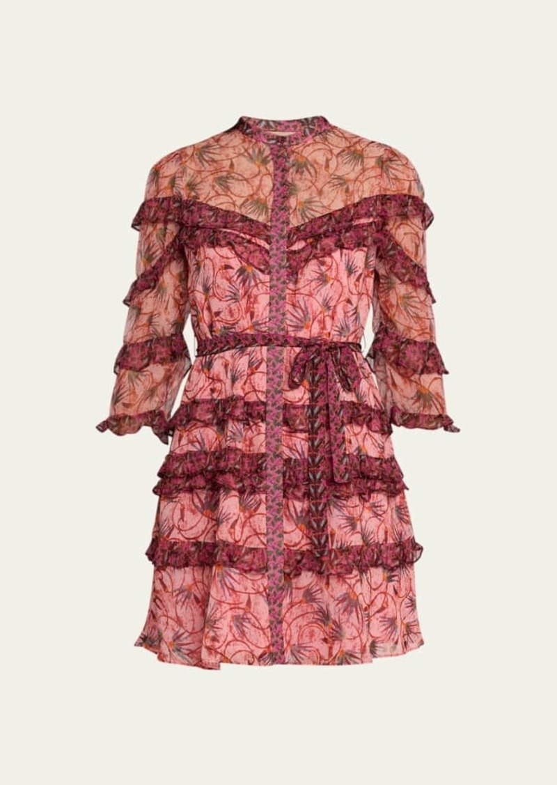 Saloni Tasha Tiered Ruffle Silk Button-Front Mini Dress