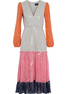 Saloni - Devon sequin-embellished color-block silk-chiffon midi dress - Gray - UK 6