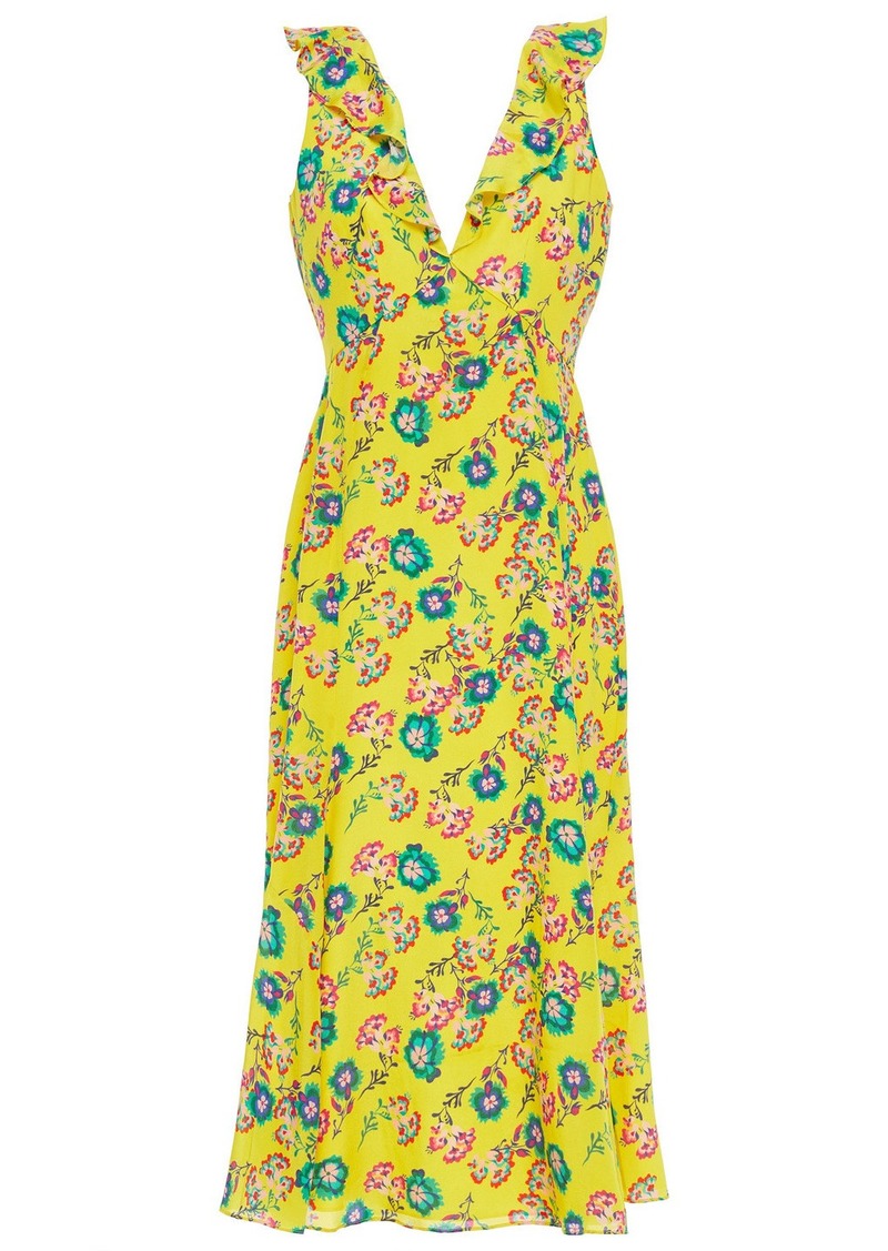 Saloni - Holly ruffle-trimmed floral-print silk crepe de chine midi dress - Yellow - UK 4