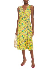 Saloni - Holly ruffle-trimmed floral-print silk crepe de chine midi dress - Yellow - UK 4