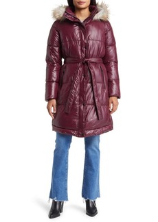 Sam Edelman Belted Puffer Coat with Faux Fur Trim Hood