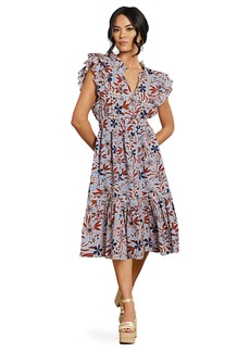 Sam Edelman Sportswear Women's Kenna Pleat Detail midi Dress Flora Stamp-Soft Chambray