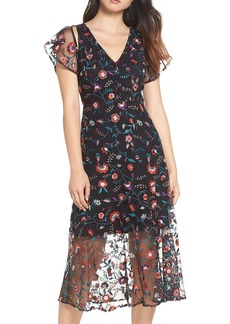 Sam Edelman Women's Floral Embroidered mesh Midi Dress red Pansy