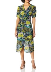 Sam Edelman Women's Long Sleeve Tropical Patterned Faux Wrap Dress