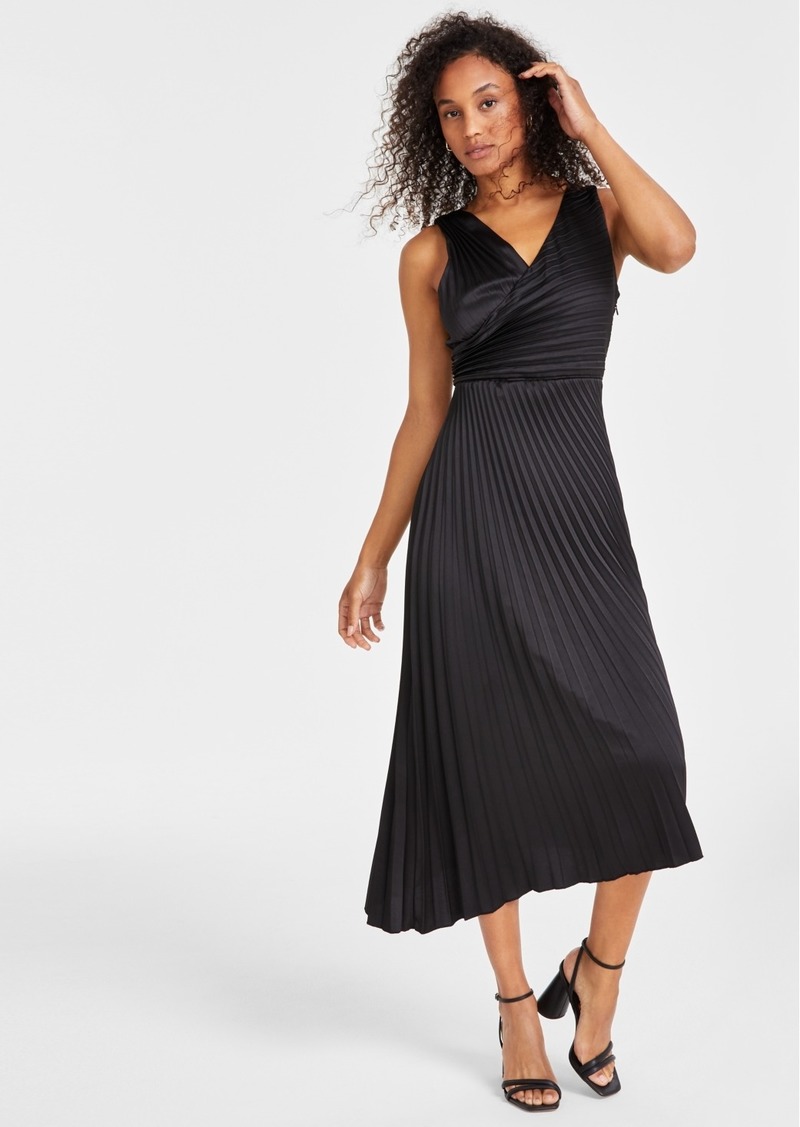 Sam Edelman Women's Pleated Surplice Satin A-Line Dress - Black