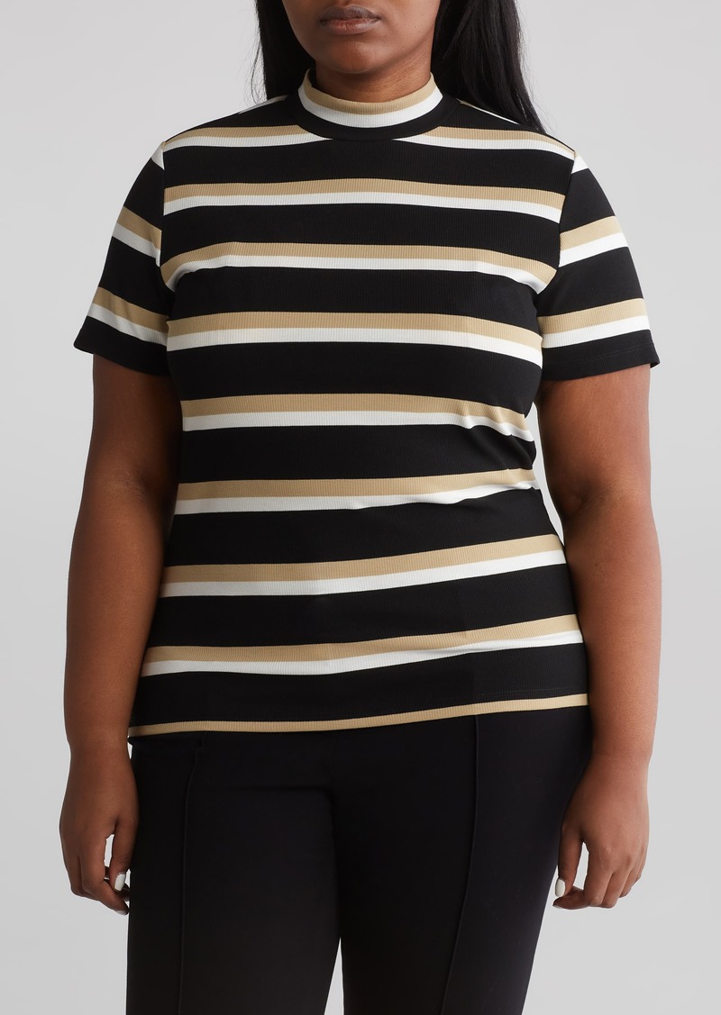 Sanctuary Essential Stripe Mock Neck T-Shirt in Black/Milk/Tan at Nordstrom Rack