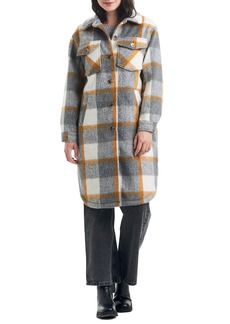 Sanctuary Plaid Longline Jacket with Removable High Pile Fleece Collar in Grey/Mustard Plaid at Nordstrom Rack